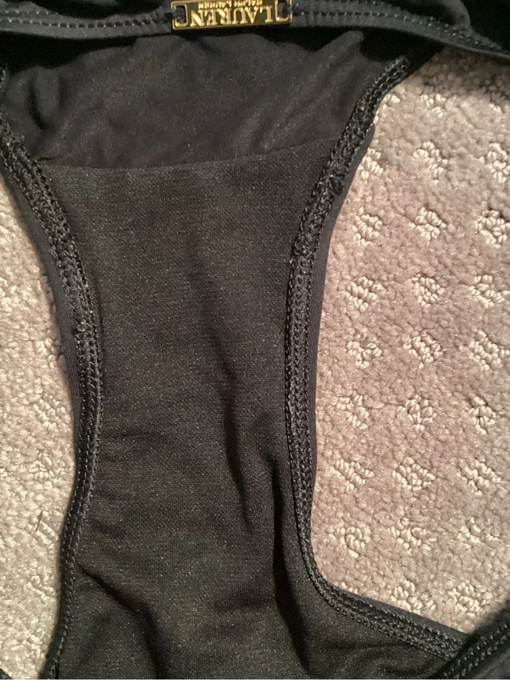 Lauren Ralph Lauren Black Bikini Bottom with Gold Logo Plaque, 2” sides, size 8